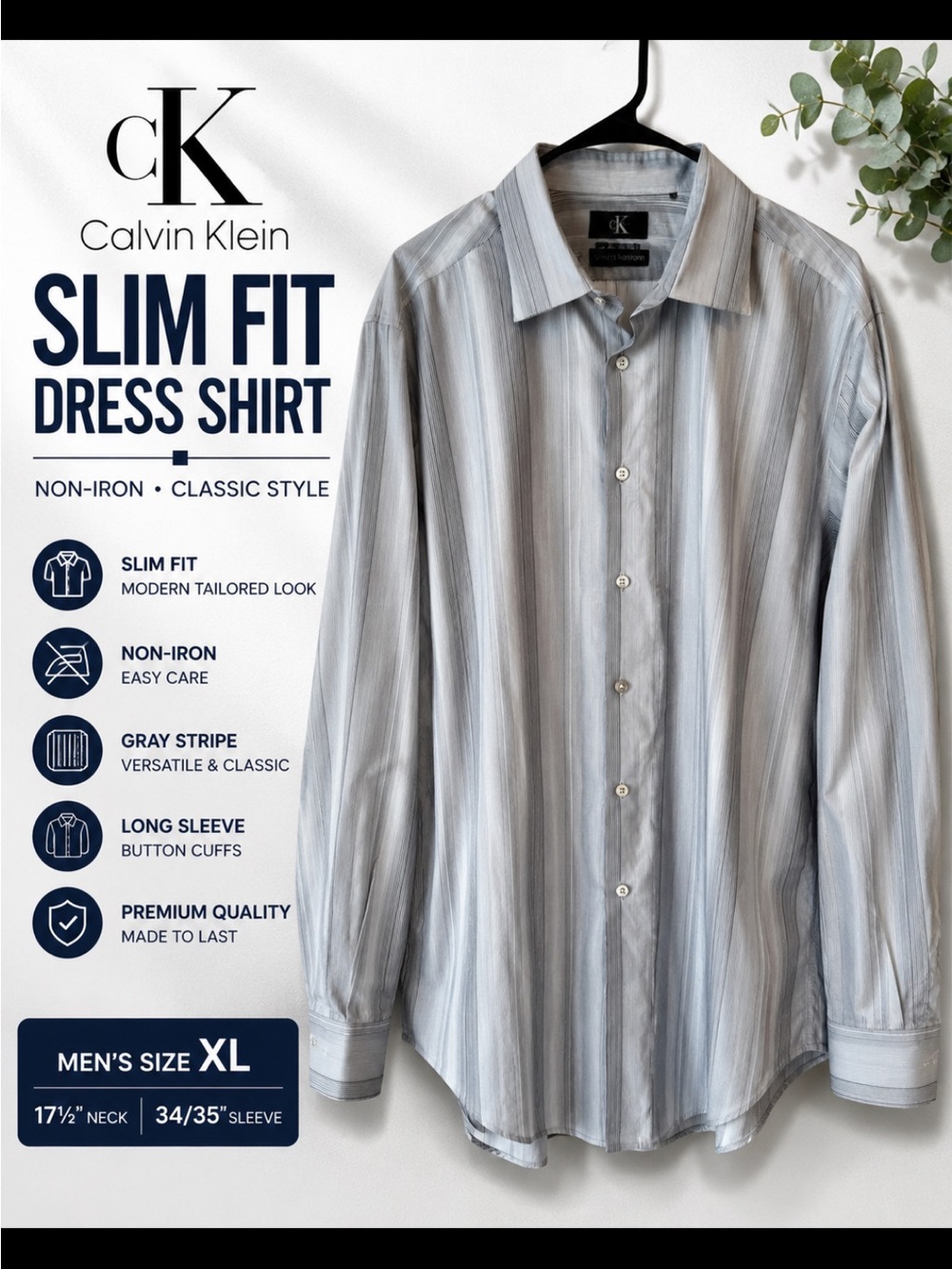 Calvin Klein Slim Fit Light Gray & White Striped Dress Shirt